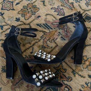 Guess black suede peep toe heel with studs and pearls